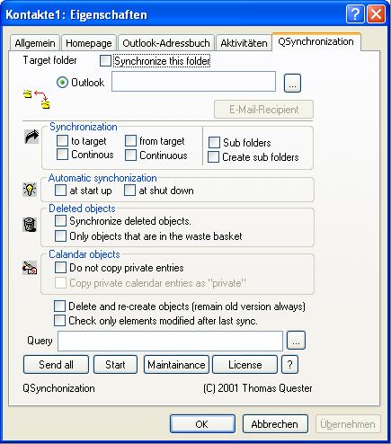 QSynchronization is a Microsoft Office Outlook add-in. It synchronizes uni- or bidirectional your Outlook folders on Outlook notebooks or PDA such as contacts, calendars, appointments, tasks, emails with your central Outlook data.